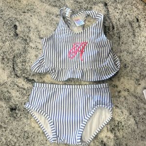 Rufflebutts blue pin striped embroidered A bikini. 6-12m